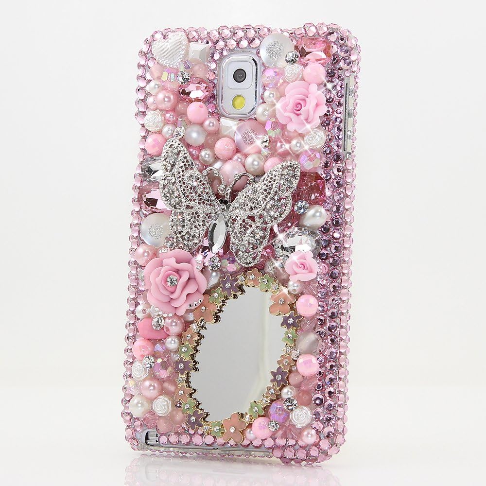 Galaxy S6 Case, LUXADDICTION Bling Case Cover Swarovski Crystals Diamond Sparkle Bedazzled Jeweled Protective Back Snap-On Hard Case For Samsung Galaxy S6 (100% handcrafted by LuxAddiction) (Butterfly with Mirror in Pink Design)