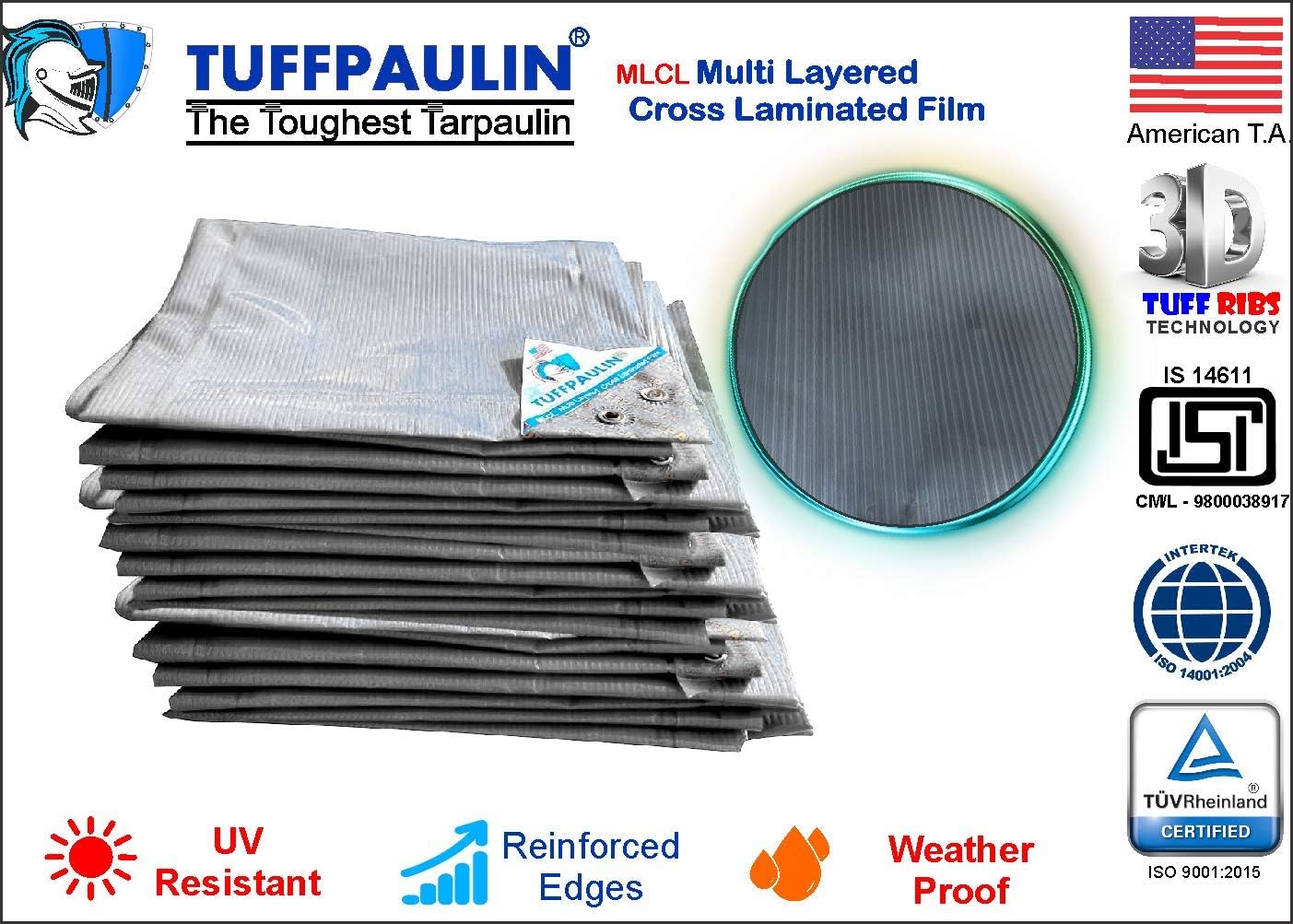 TUFFPAULIN 9FT X 9FT 120 GSM Silver Tarpaulin Tirpal Tadpatri Tharpai Thadika, Extra Strong, Reinforced Eyelets, UV Resistant, 100% Waterproof Virgin, 6 Layer MLCL 3D Rib Technology-1 No.
