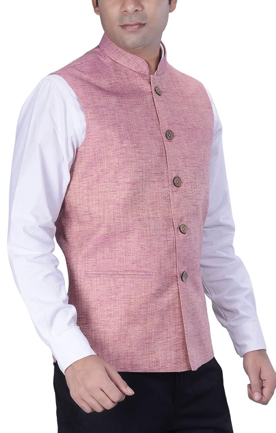 kisah men's woven cotton silk pink nehru jacket