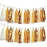 AimtoHome Shiny Tassel Garland Tissue Paper Tassel Banner,Tassels Party Decorations for Wedding,Birthday,Bridal/Baby Shower,Pack of 15 (Gold/Tan/Ivory)