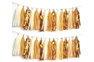 AimtoHome Shiny Tassel Garland Tissue Paper Tassel Banner,Tassels Party Decorations for Wedding,Birthday,Bridal/Baby Shower,Pack of 15 (Gold/Tan/Ivory)
