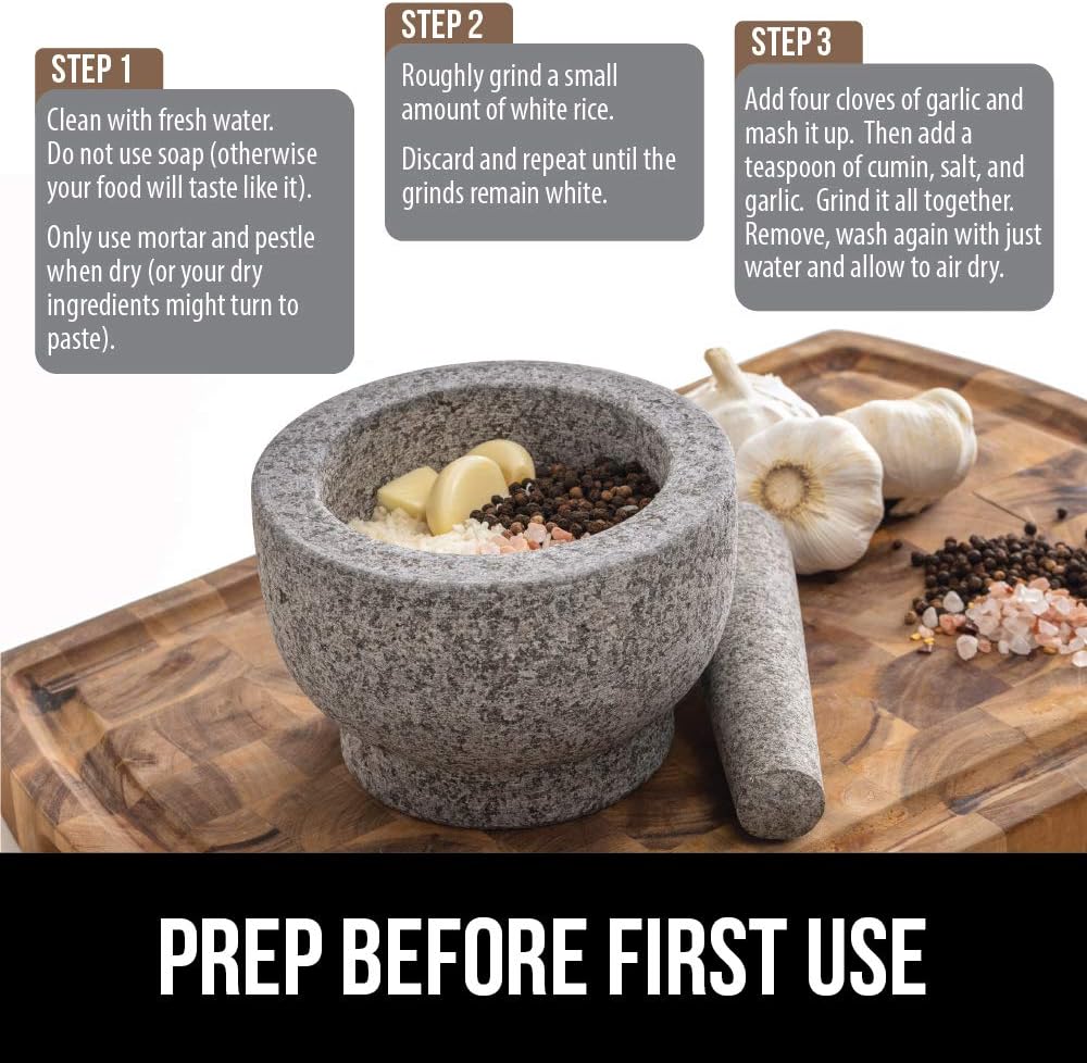 Gorilla Grip Original Mortar and Pestle Set, Slip Scratch Resistant Bottom, Heavy Duty Polished Granite Guacamole Molcajete Bowl Kitchen Spices, Herbs, Pesto Grinder, Small 5 Inch Holds 1.5 Cups, Gray: Kitchen & Dining