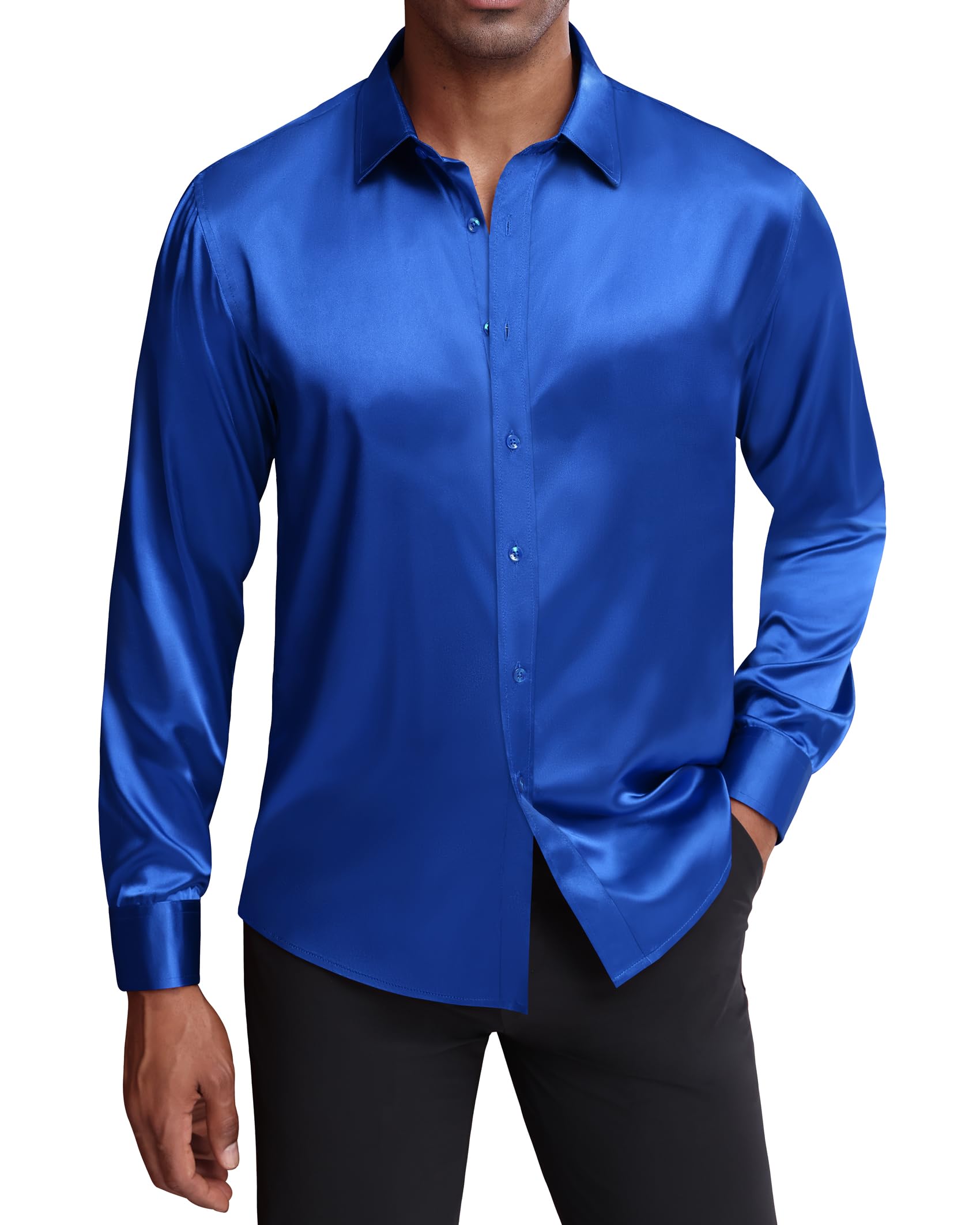 Photo 1 of J.VER Men's Silk Satin Long Sleeve Dress Shirts Shiny Casual Button Down Shirt Luxury Party Prom Shirts Royal Blue M