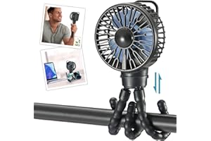 snawowo Mini Portable Stroller Fan, Battery Operated Personal Small Handheld Fan with Flexible Tripod, 3 Speed Rechargeable Clip On for Car Seat Crib Treadmill Travel Camping Black