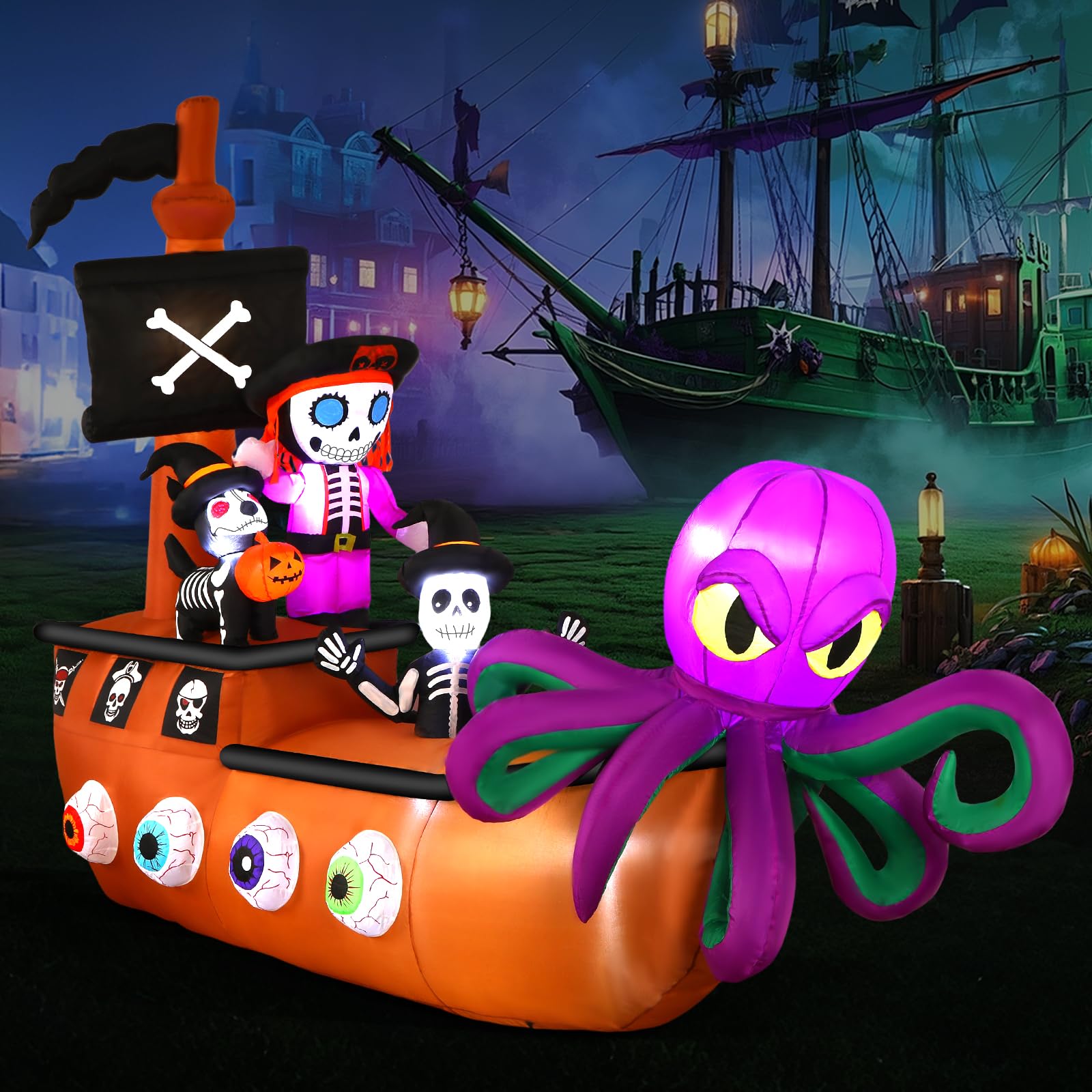Photo 1 of Alupssuc 10FT Halloween Inflatable Pirate Ship outdoor Decoration with Built-in LEDs Lights, Blow Up Boat with Octopus and Pirate Skeleton for Outside/Indoor Xmas,Yard,Garden,Lawn,Party, Holiday Decor