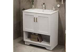 CHYANMOO 30 Inch Modern Bathroom Vanity with Ceramic Sink - Freestanding Cabinet 2 Soft-Close Doors & 1 Open Shelf, White Space-Saving Design for Powder Rooms (White)