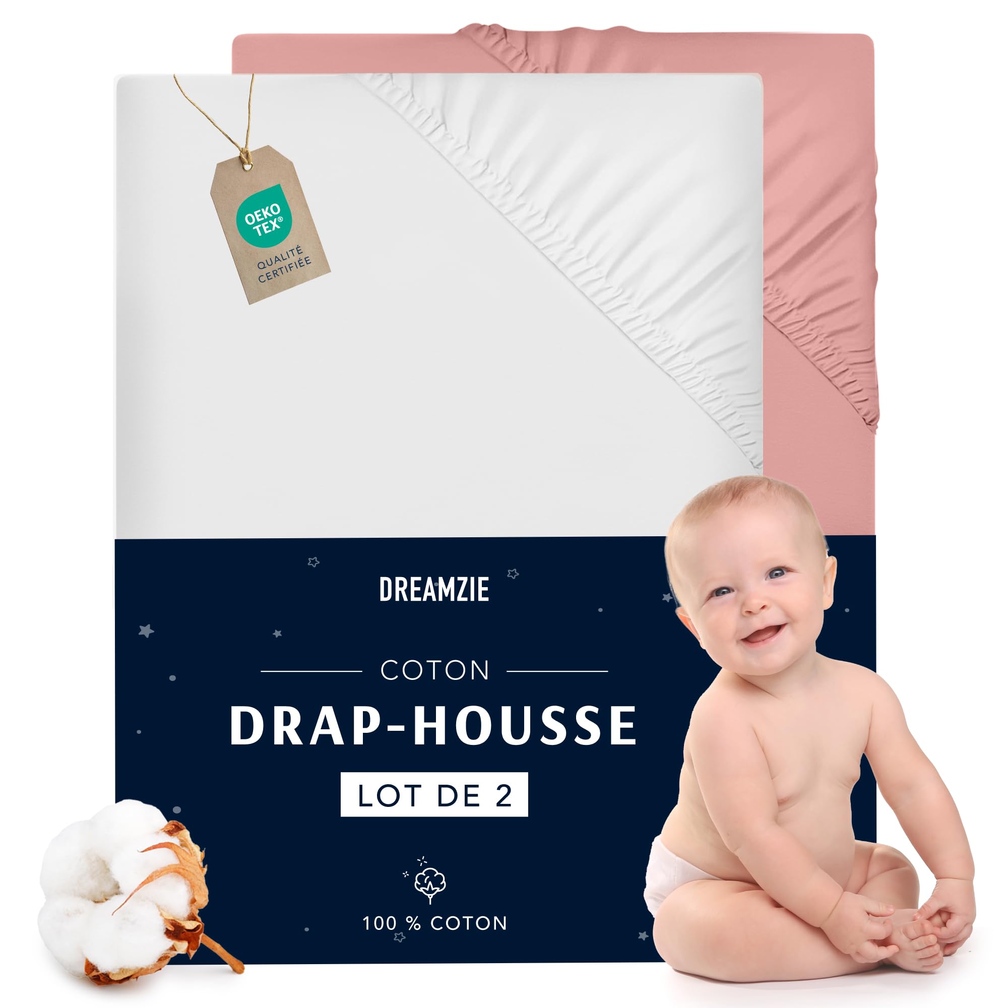 Dreamzie Set of 2 Jersey Cotton Fitted Sheets - For Mattress Set of 2 (60 x 120 x 12 cm), for Baby Bed, Certified Free from Chemical Products (OEKO TEX), White and Rose, Fitted Sheets with Elastic