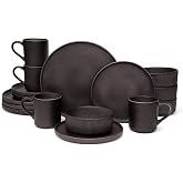 OTAGO 16-Piece Dinnerware Set for 4 with Mugs, Ribbed Stoneware Plates and Bowls Sets, Unique Handcrafted Reactive Glaze, Chip and Scratch Resistant Dish Set, Microwave &amp; Dishwasher Safe, Black