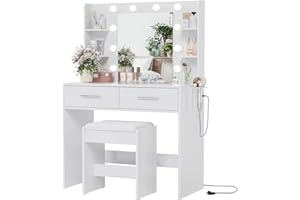 YESHOMY Vanity Desk with Mirror, Makeup Table with 2 Large Drawers, Power Outlet and Round Holder, 3 Color Modes Adjustable Bulb, Bench Included, White
