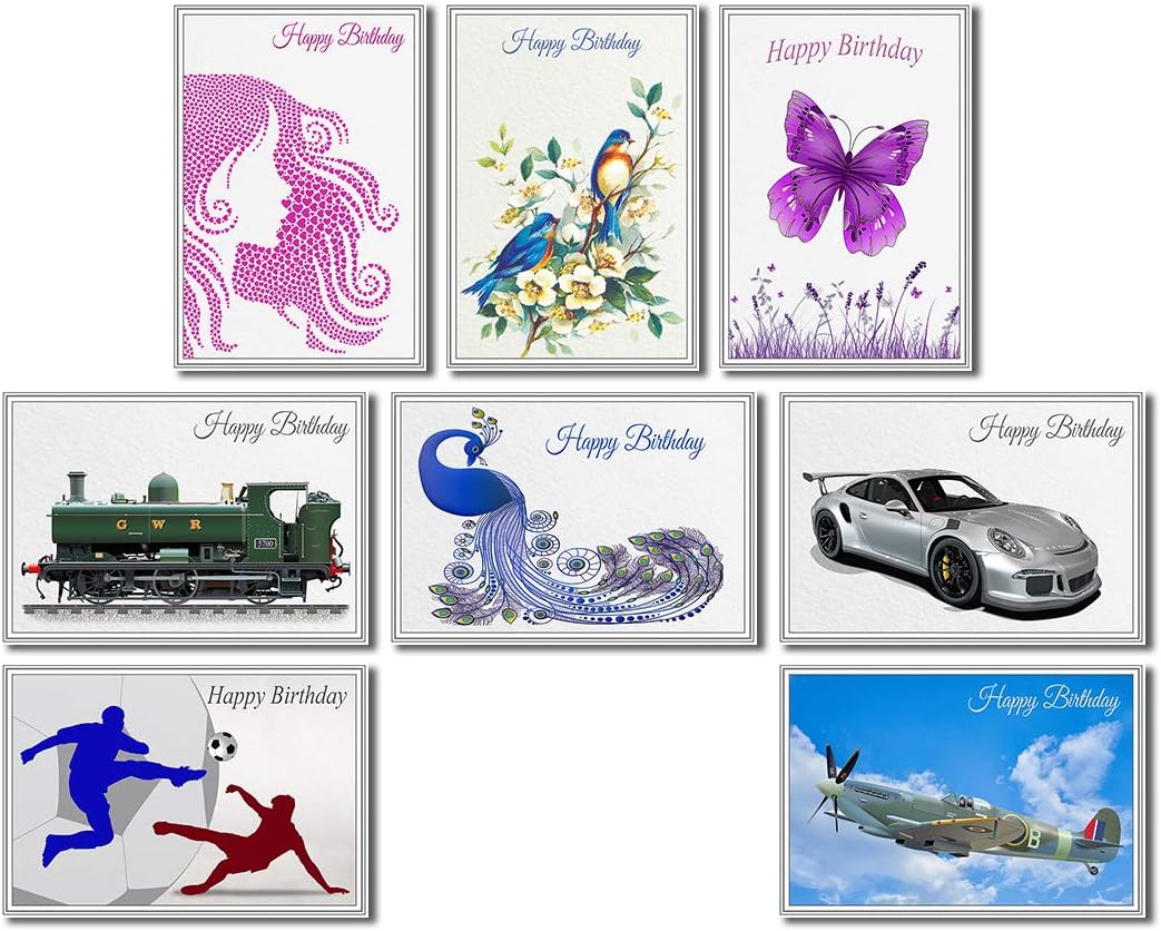 Bulk Buy Birthday Cards (16 Card Multipack + Self-Seal envs), Assorted Multi Selection Pack, 8 Designs Men Women Friends