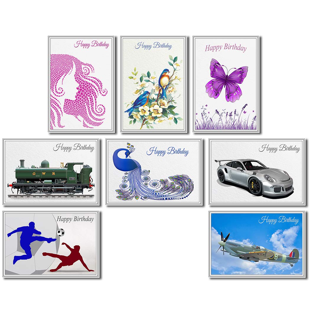 Bulk Buy Birthday Cards (16 Card Multipack + Self-Seal envs) - Assorted Multi Selection Pack - 8 Designs Men Women Friends - Blank Inside - Compact Size 105 x 148mm