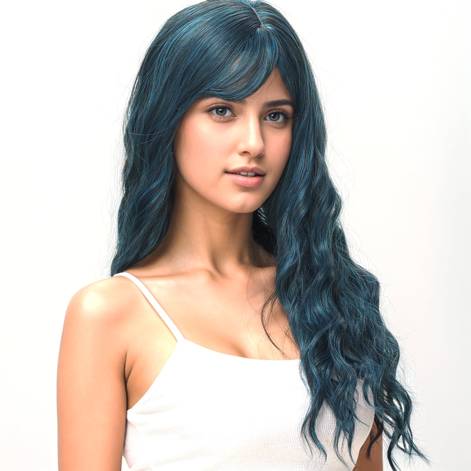 BUYOGET Long Curly Wavy Blue Wig with Fringe Adjustable 24 Inch Synthetic Cosplay Daily Hair Wigs for Women