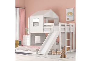 Harper & Bright Designs Twin Over Full House Bunk Bed with Slide and Roof, Wood House Bunk Bed with Ladder and Guardrails, Playhouse Bed for Kids Teens Girls Boys – White
