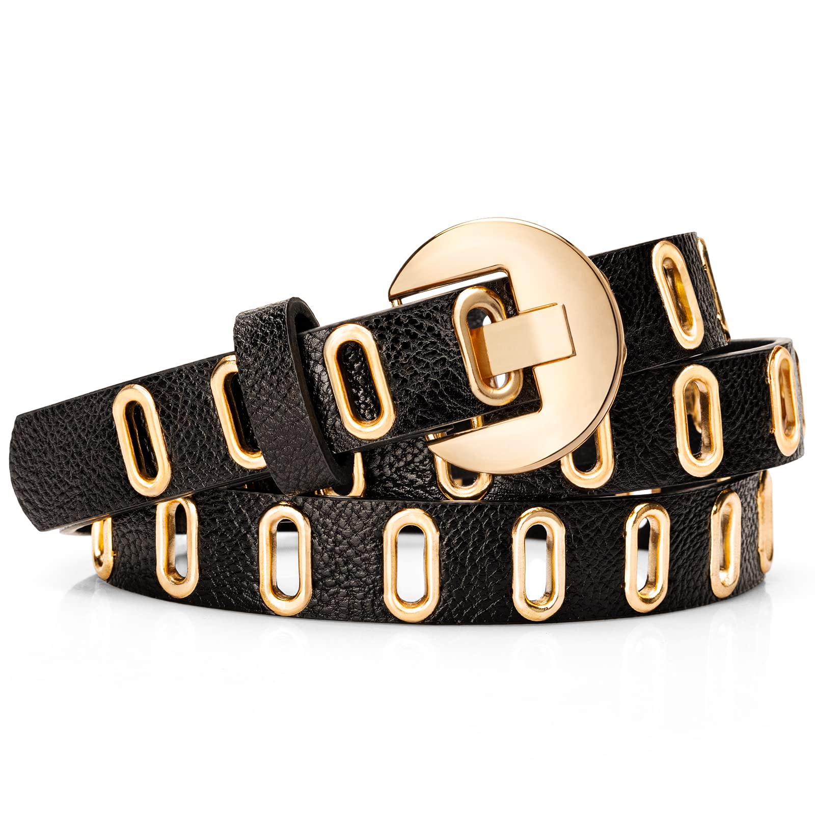 Womens Skinny Belt with Grommets Leather Gold Buckle Buy Ladies Royal Blue Leather Belt With Gold Buckle Thin 2.0  main image 4