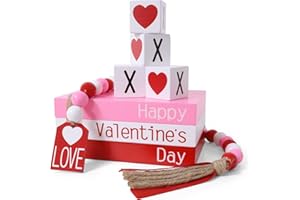 LAIRYAN Valentine's Day Decoration, Valentines Wood Book Stack with 4 XOXO Signs & Beads Garland, Valentines Table Decor for Home Kitchen Mantel Shelf Valentines Tiered Tray