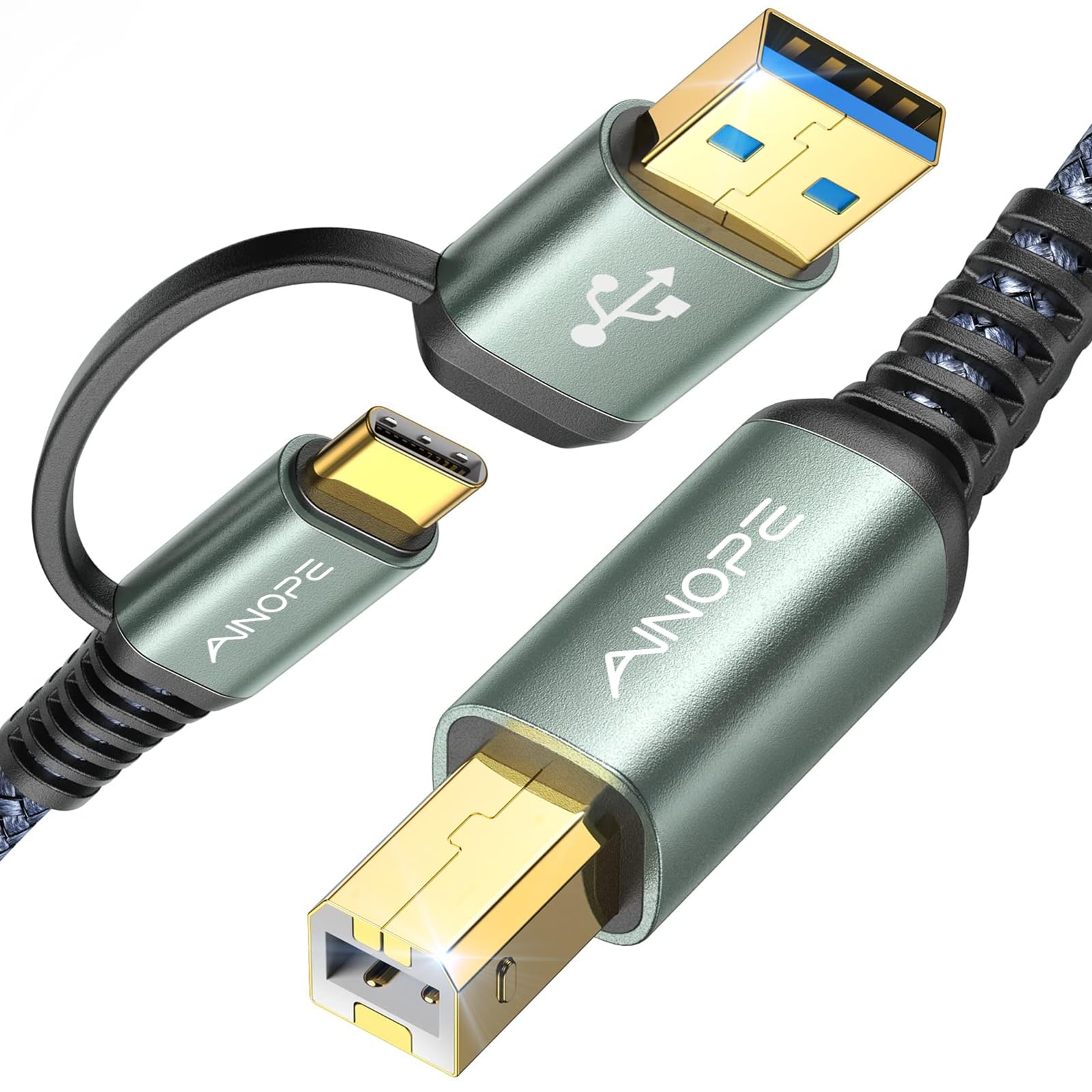 Photo 1 of AINOPE Printer Cable, [2-in-1] Printer USB B to USB C/A MIDI Cable High Speed Nylon Braided for MacBook Pro, HP Canon Brother Dell Epson Lexmark DAC,MIDI Keyboard, 6.6FT, Grey
