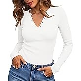 Tankaneo Womens Long Sleeve T-Shirts Deep V Neck Casual Cropped Henley Shirt Ribbed Knit Button Up 2025 Basic Tees
