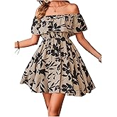 SOLY HUX Women's Off The Shoulder Floral Summer Dresses Short Sleeve Ruffle A Line Flowy Short Dress