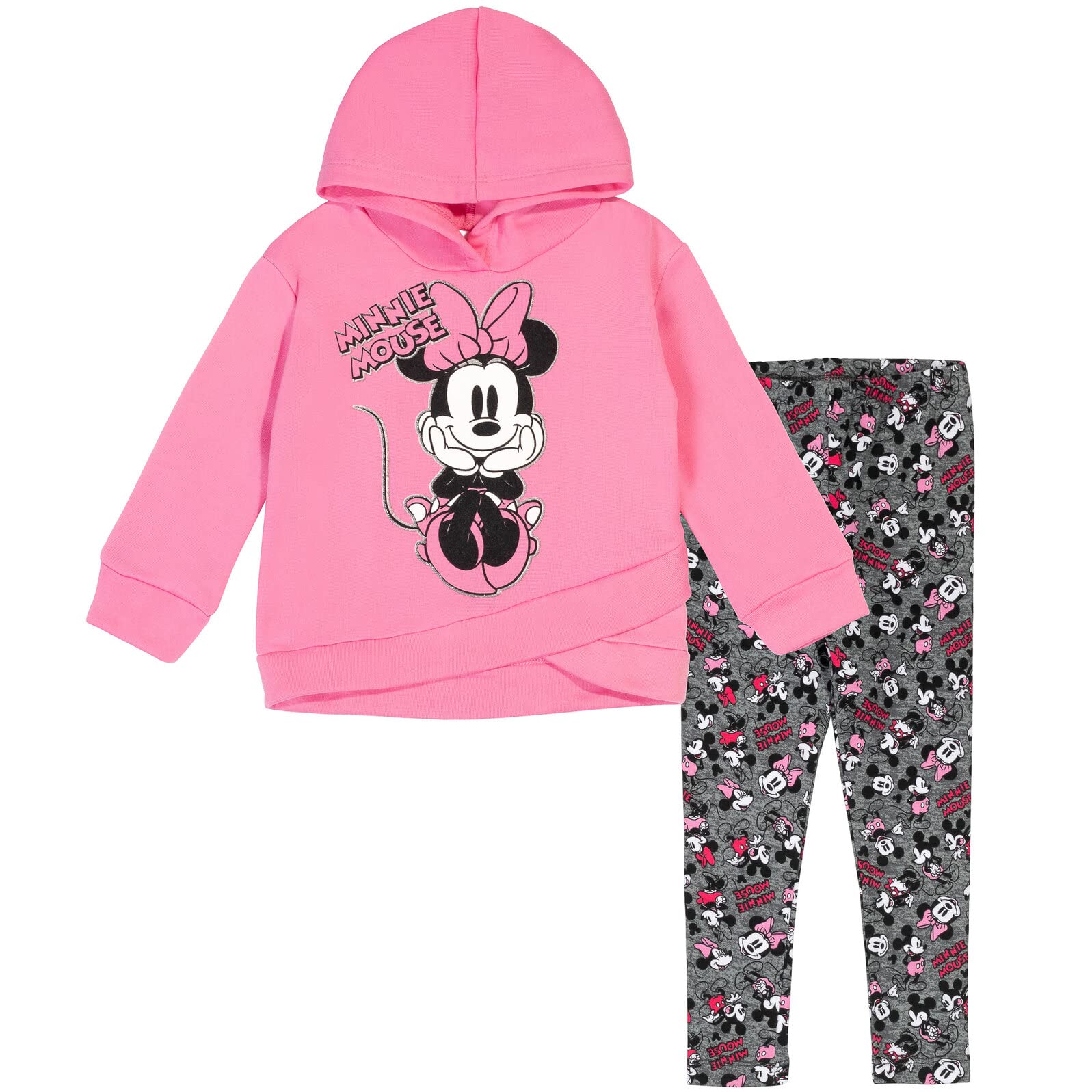 Disney Minnie Mouse Fleece Pullover Crossover Hoodie and Leggings Outfit Set Infant to Big Kid Sizes (12 Months - 14-16)
