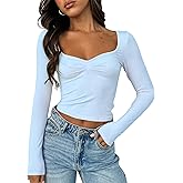 TiulZial Women's Long Sleeve Going Out Crop Top Sexy Pleated Trendy Shirt Sweetheart Neck Y2K Ruched Cropped Tops