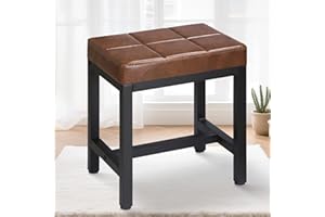 FLYZC Vanity Stool, Vanity Chair for Makeup Room, Square Faux Leather Small Ottoman Foot Stool with Metal Legs, Modern Makeup