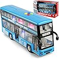 Cdymkf 11"(28cm) Double Decker Bus Toy with Lights & Sounds, Scale(1:16) Friction Powered Bus Toy for Kids with Indoor Ceiling Lights and 4 Different Sounds - Gift for Kids Ages 3+ (Bule)
