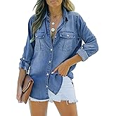 Sidefeel Women's Denim Top Long Sleeve Jean Shirt Button Down Denim Shirt
