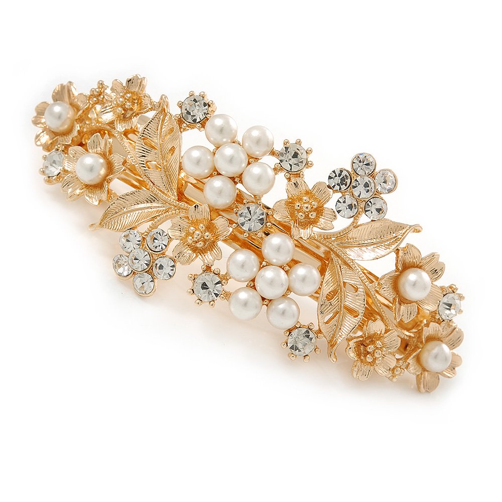 Large Gold Tone Diamante Faux Pearl Floral Barrette Hair Clip Grip - 90mm Across
