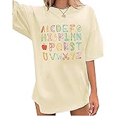 Teacher Shirts Oversized Women ABC Alphabet Teaching Graphic Tshirt Kindergarten Teacher Outfits Gift Short Sleeve Tee Tops