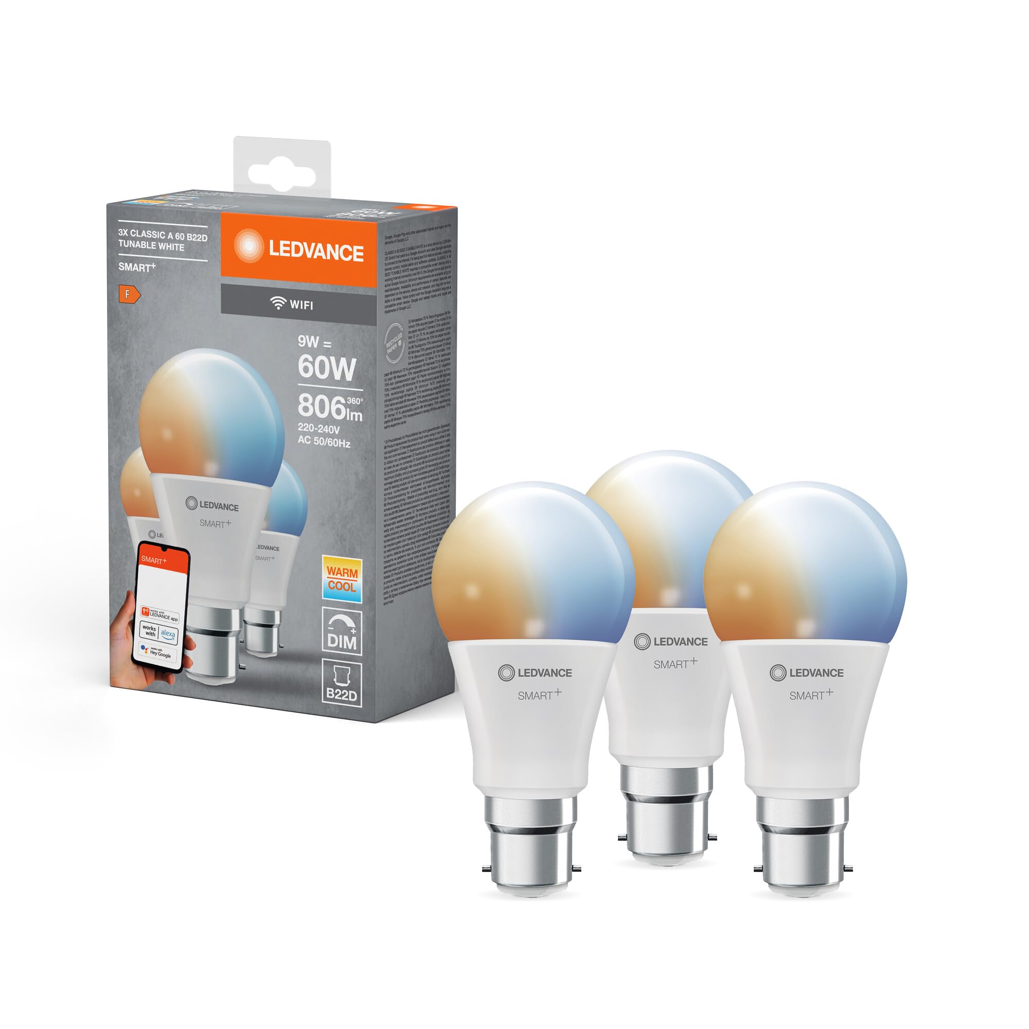 LEDVANCE Smart LED lamp with WiFi Technology, B22d-base matt Optics ,Light Colour Changeable (2700K-6500K), 806 Lumen, 60W-Replacement, Smart dimmable, 3-Pack