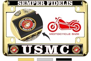 BESTLICENSEPLATEFRAMES [Officially Licensed US Marine Corps Product] - Motorcycle Domed Custom-Made Personalized Metal License Plate Frame Frame with USMC Semper Fidelis Design - Gold