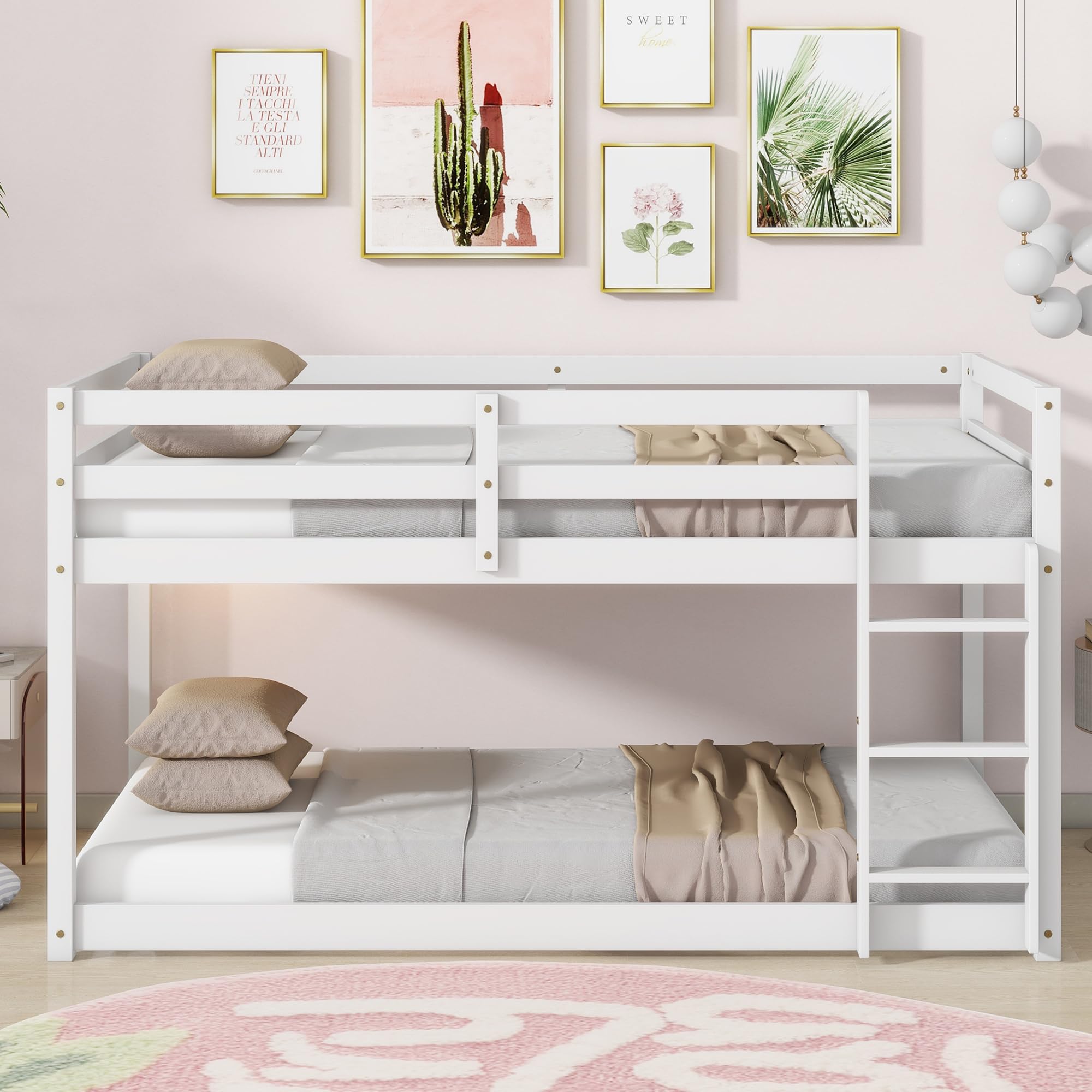Photo 1 of *** MISSING HARDWARE AND MANUAL*** Bunk Bed Twin Over Twin with Ladder & Safety Guard Rails, Solid Rubber Wooden Twin Over Twin Loft Bed with Ladder, with Bed Platform of Strengthened Slats, Solid Wood Bunk Bed Frame for Kids, White