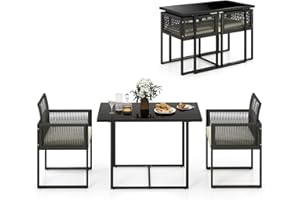 HAPPYGRILL 3 Pieces Patio Dining Table Set, Outdoor Rectangular Dining Table & 2 PE Rattan Chairs w/Tempered Glass Tabletop, Foldable Backrests, Space-Saving Dining Set for Backyard, Poolside, Garden