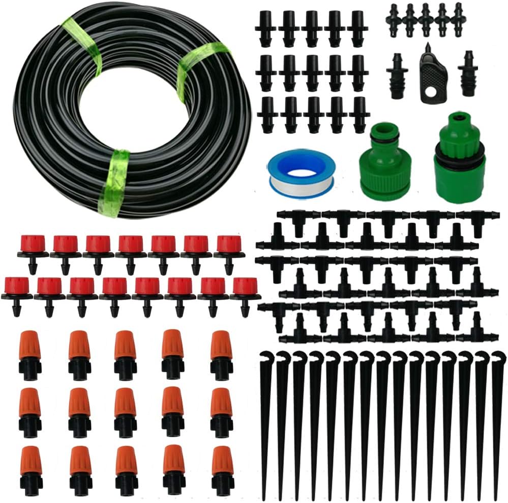 DIY Garden Irrigation System,50FT 1/4" Blank Distribution Tubing Watering Drip Kit 2-Way Nozzle Micro Drip Irrigation System Irrigation Spray for Flower, Lawn, Plants