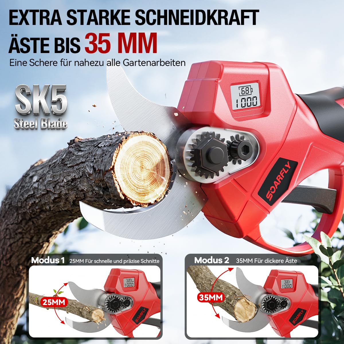 SOARFLY Akku Astschere, Akku Gartenschere mit 2x2000mAh Batterien, 35mm Maximaler Schnittdurchmesser, Brushless Motor mit LCD Display und Energiesparfunktion für Garten und Obstbäume (Rot) 3