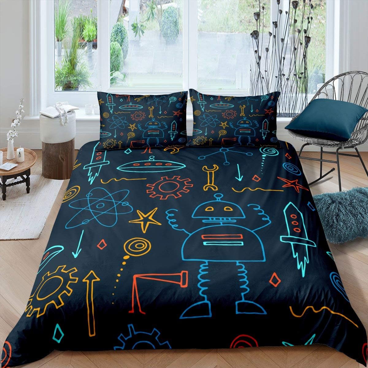 Amazon Com Nursery Robot Bedding Set Cartoon Robot Comforter Cover Ufo Rocket Duvet Cover For Kids Boys Girls Gear Machine Science Quilt Cover With 1 Pillow Case Twin Size Blue Orange Child Bedroom