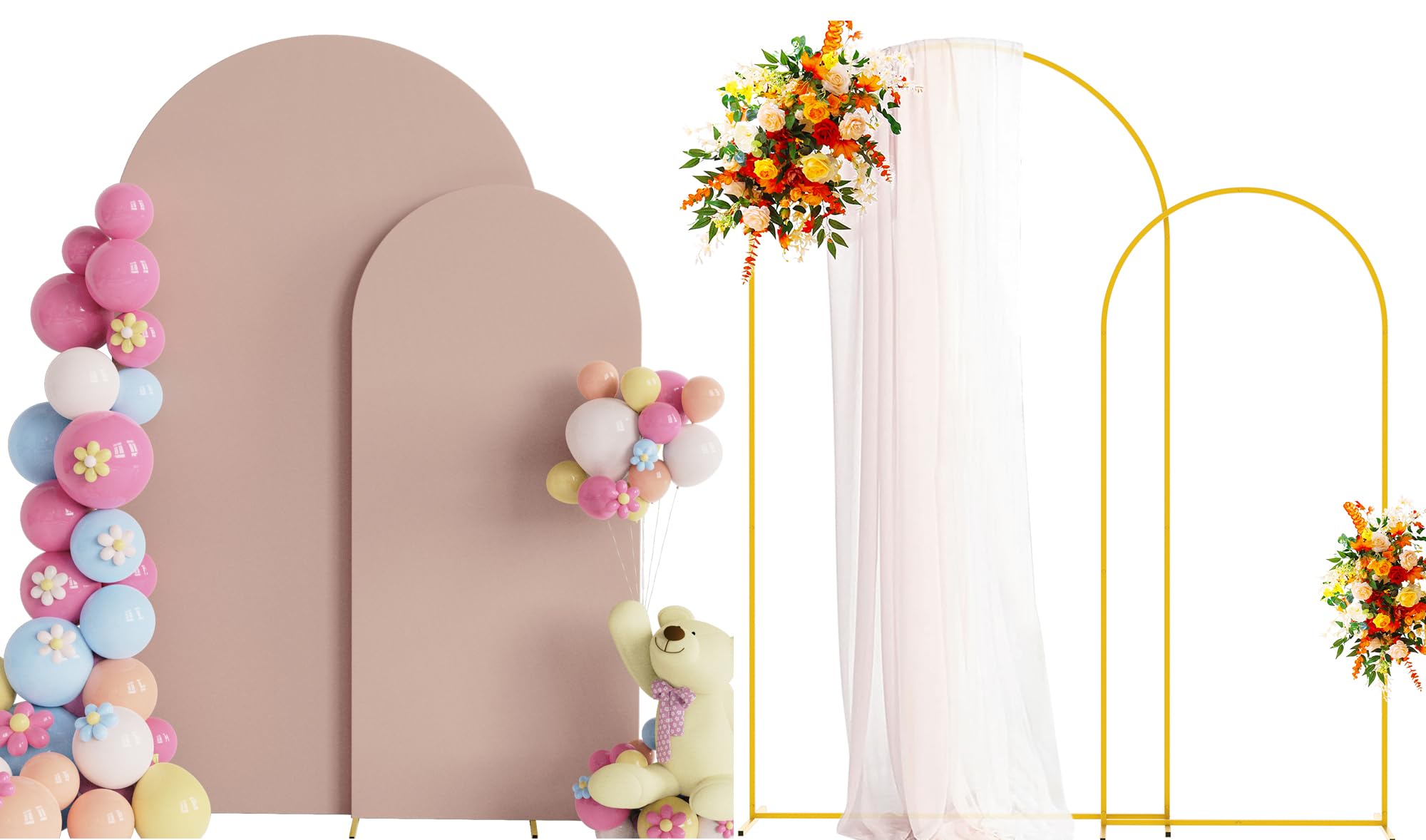 Photo 1 of Putros Metal Arch Stand with Cover Set of 2 Nude Pink Spandex Fitted Wedding Arch Cover and Round Top Chiara Backdrop Stand for Birthday Party Baby Shower Decoration 7.2FT, 6FT