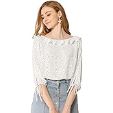 Allegra K Women's Ruffled Collar Polka Dots Shirt 3/4 Sleeve Vintage Blouse