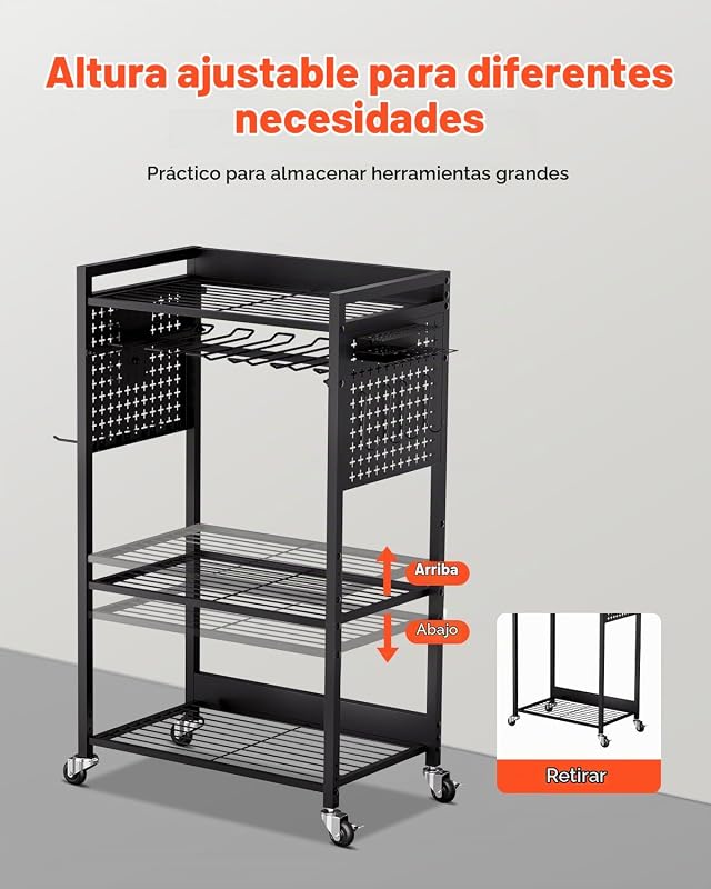 Carrinho organizador de ferramentas de 4 níveis, carga de 68 kg, suporte para broca com rodas e prateleira de armazenamento estável, carrinho robusto para garagem, preto