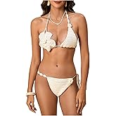 MakeMeChic Women's Bikini Sets Crochet 3D Floral Halter Tie Back Boho Bathing Suit