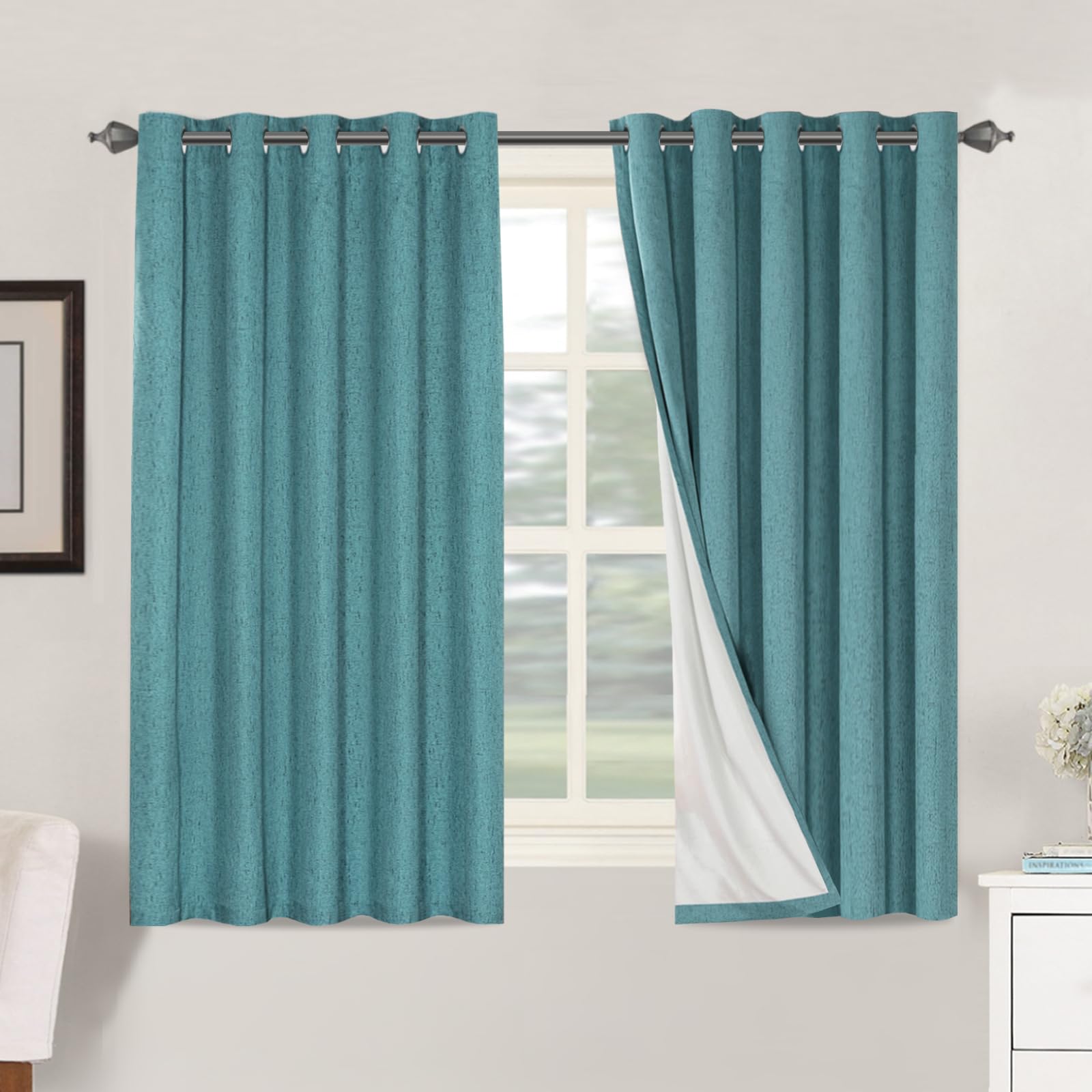 BellaHills 100% Blackout Curtains for Bedroom Eyelet Linen Curtains for Living Room with White Coating Back Grommet Thermal Insulated Curtain 2 Panels, 66 x 54 Inch, Teal