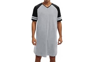 Runcati Mens Nightshirt Short Sleeve V Neck Nightgown Color Block Loose Fit Comfy Lounge Pajama Sleepwear