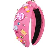 Knotted Headband for Women Lollipop Candy Charms Crystal Jeweled Embellished Top Knot Hairband Statement Wide Turban Hair Hoop Funny Gifts for Birthday Xmas Holiday Party