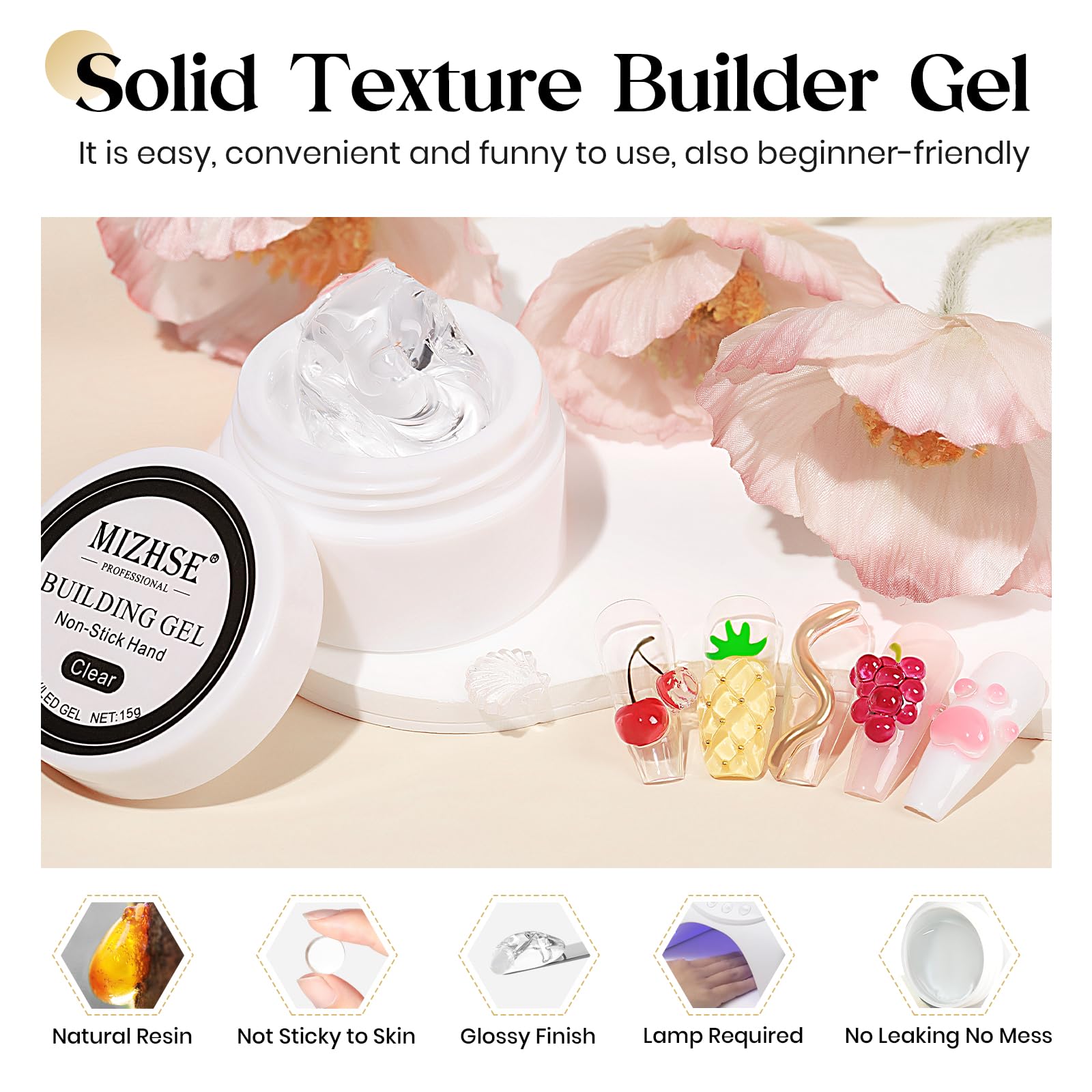 MIZHSE Solid Builder Gel for Nails, Clear Non-Sticky Sculpting Gel, 3D Nail Art Carving Building Modeling Hard Nail Extension Soak Off UV/LED Nail Art Salon Home DIY 15g - Image 3