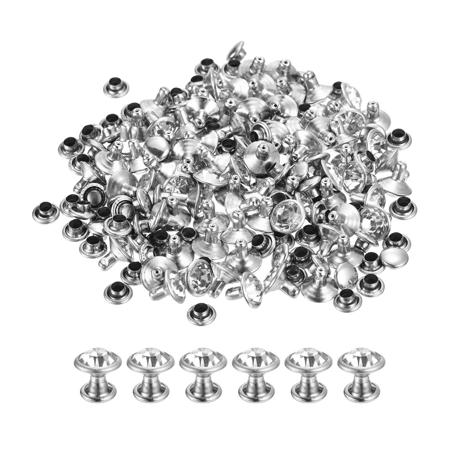 Photo 1 of uxcell 80 Pcs White Rhinestone Rivets, 8mm/0.31" Leathercraft Rivets Crystal Rivets, Metal Double Cap Rhinestone Stud for DIY Leather, Craft Making Purse, Silver Frame