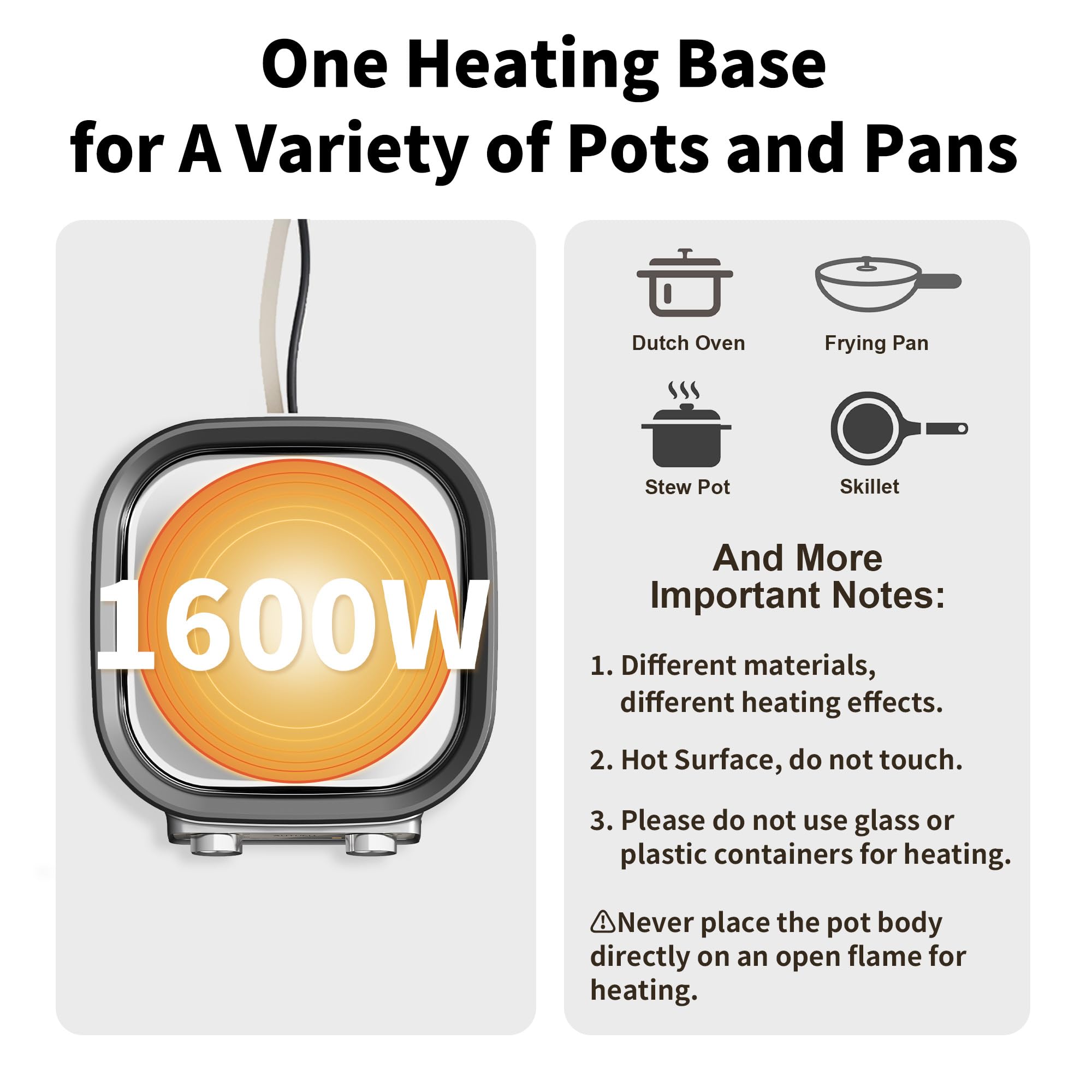 Electric Skillet 6-Quart Hot Pot Nonstick - PFOA-Free Ceramic Coating Pot, 1600W, Timer & 3 Power Settings for Steak, Egg, Ramen