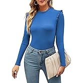 BINOVISOR Womens Long Sleeve Bodysuits Stand Collar Slim Fit Frilled Ruffles Shoulder Ribbed Leotards Tops