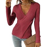 CUPSHE Womens Ribbed Sweaters Surplice Fall Knit Sweater Long Sleeve Wrap Sweater Tops