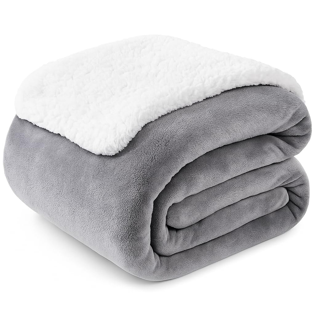 EDS Sherpa Fleece Throw Blanket Double Size Super Soft Warm Sofa Throw Reversible Bed Throws For Bed Sofa Couch - Grey Double 150 X 200 — image 1