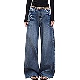 EMMIOL 2026 Women’s Mid High Waisted Wide Leg Jeans Rivet Y2K Baggy Jeans Trendy Loose Straight Denim Pants with Pockets